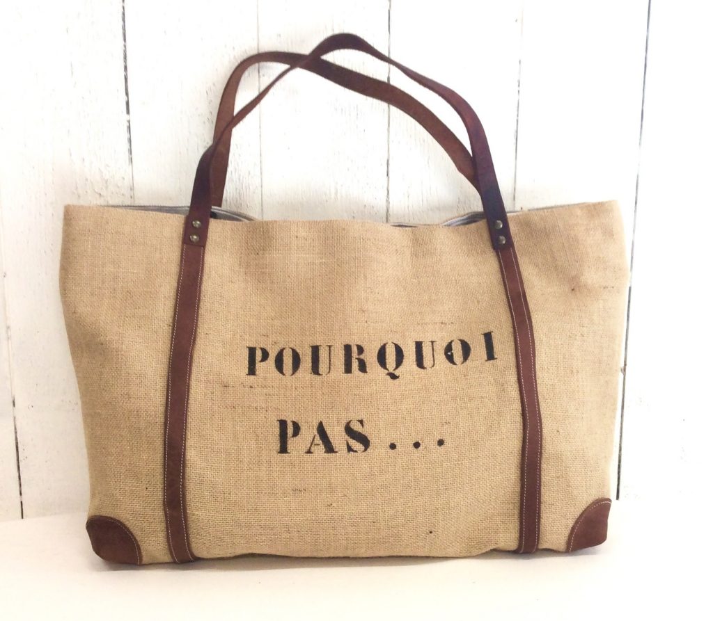 Sac Cabas - Toile de Jute & Cuir - "POURQUOI PAS" | Kadistu